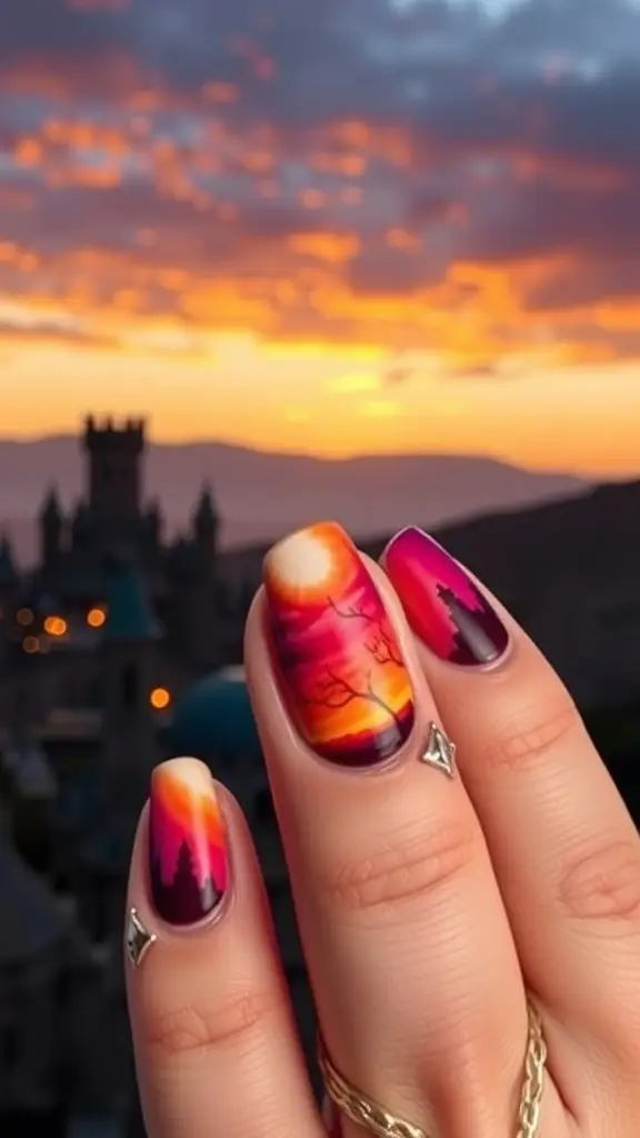 Nail art design inspired by the sunset over Kings Landing, featuring vibrant colors and silhouettes.