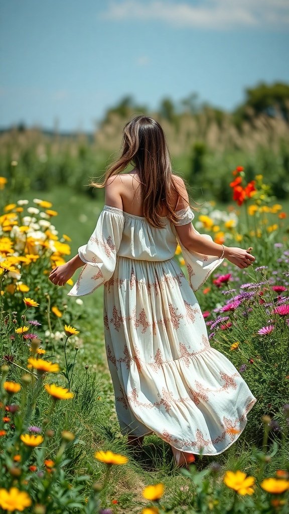 A woman wearing a flowy maxi dress in a colorful flower field