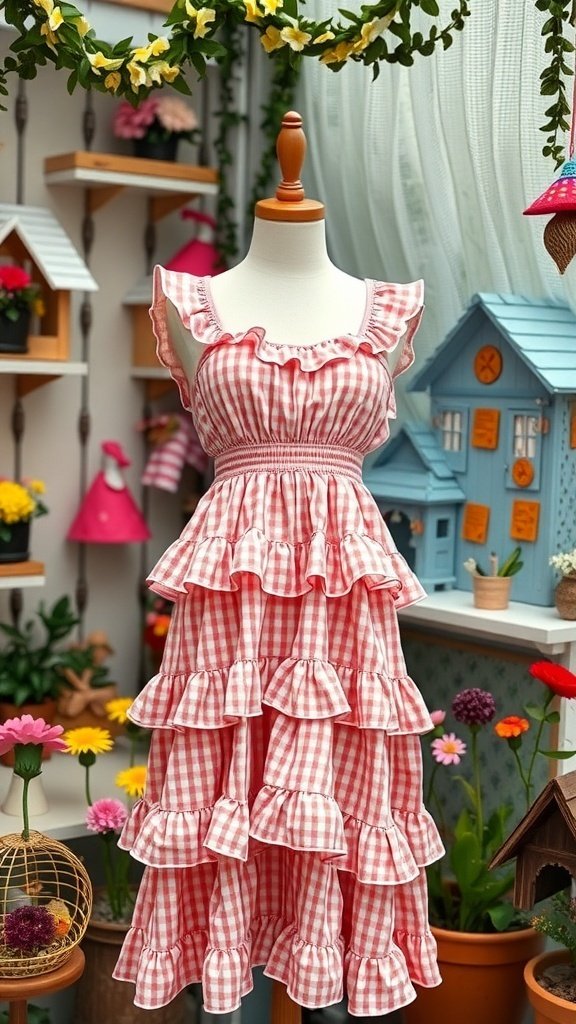 A playful pink gingham summer dress with ruffles displayed on a mannequin, surrounded by colorful flowers and charming decor.