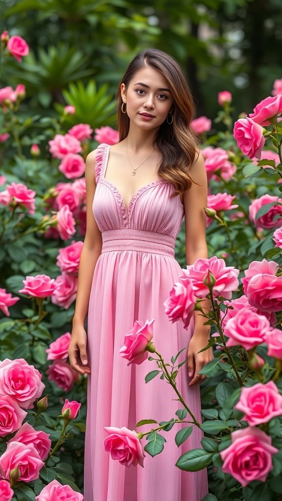 A woman in a pink dress standing among blooming pink roses.