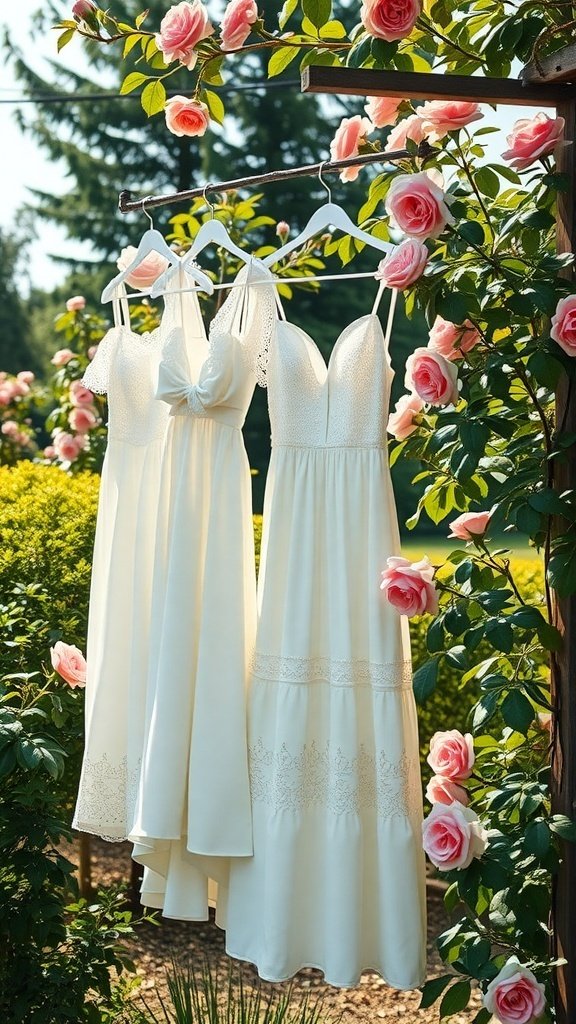 Three white summer dresses hanging on a rack surrounded by pink roses in a garden.