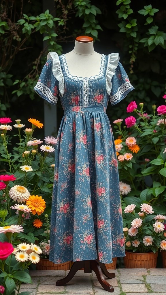 A vintage-inspired summer dress with a floral pattern, displayed among colorful flowers.