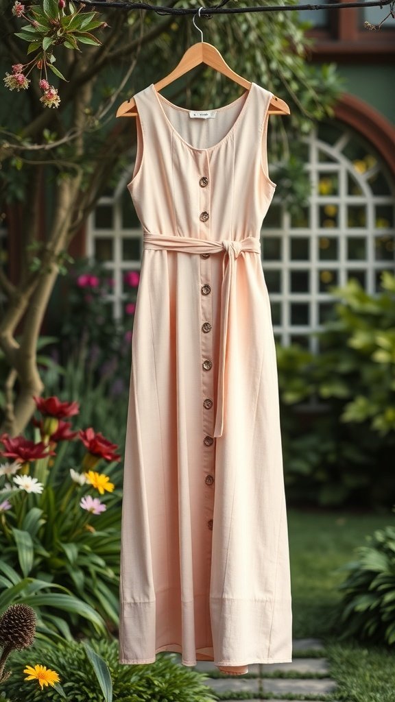 A peach-colored summer dress with buttons and a belt, hanging in a garden setting.