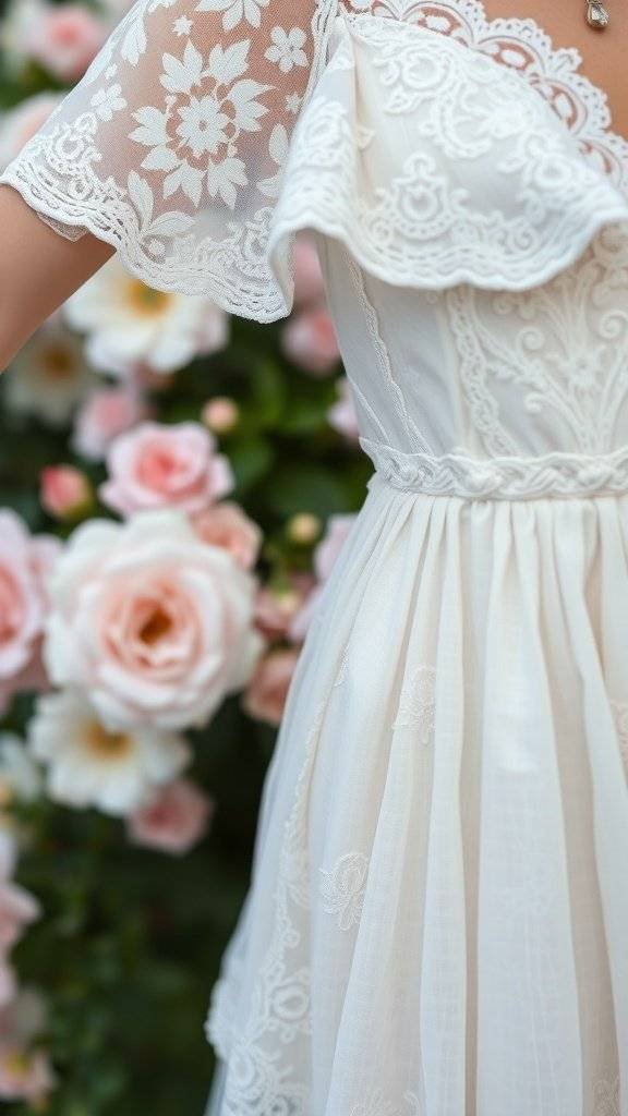 A romantic summer dress with lace details and floral patterns, perfect for warm weather.