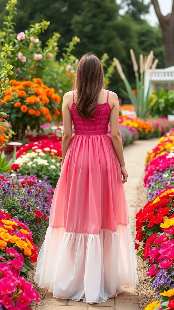 A woman in a colorful ombre summer dress walking through a flower garden.