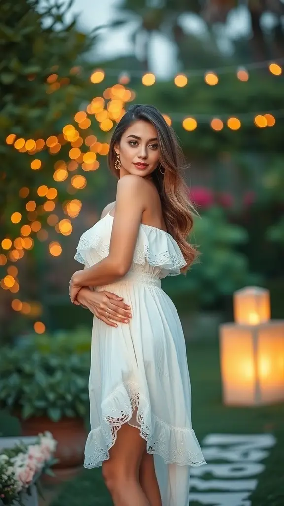 A layered yellow dress hanging in a garden with string lights in the background.