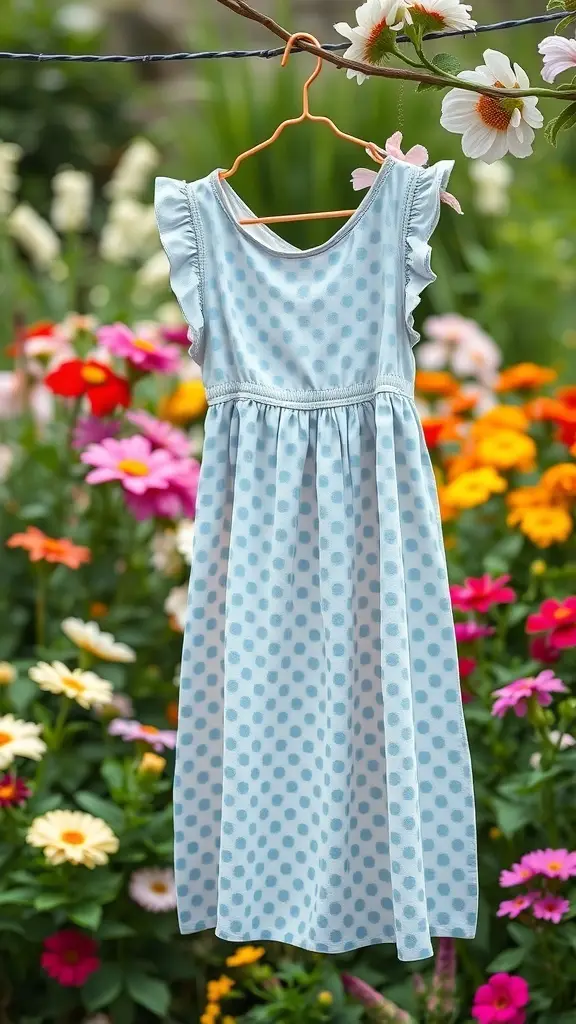 A blue polka dot dress hanging among colorful flowers in a garden.