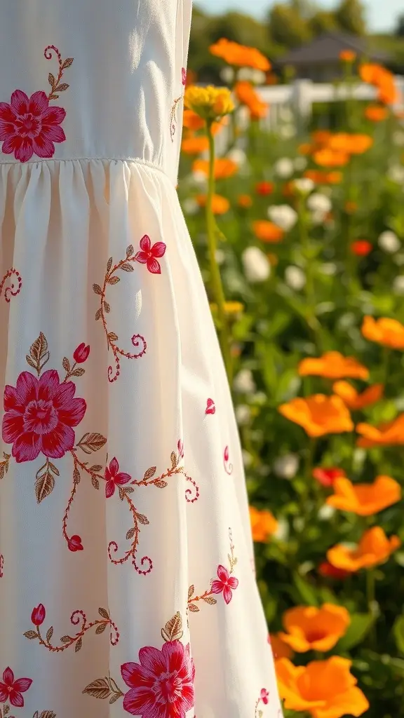 A close-up of a summer dress featuring vibrant floral embroidery against a backdrop of blooming flowers.
