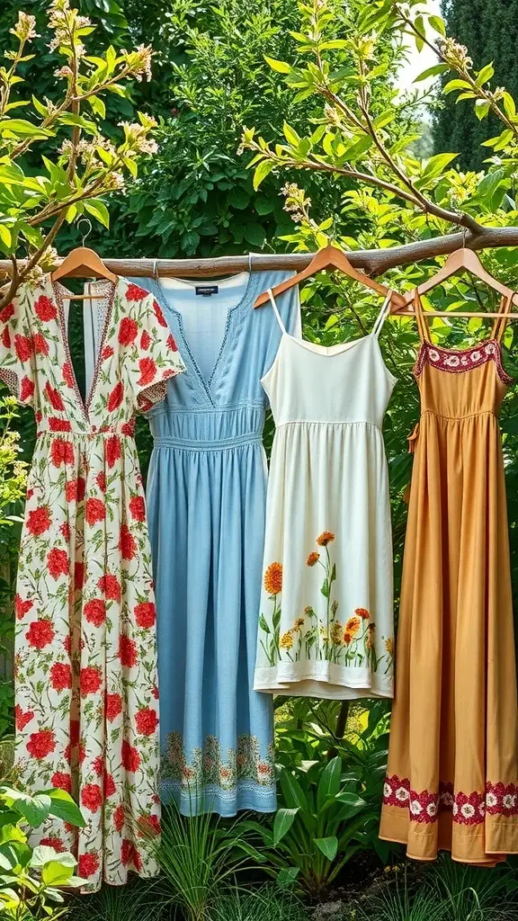 A collection of eco-friendly summer dresses hanging on a wooden rail surrounded by greenery.