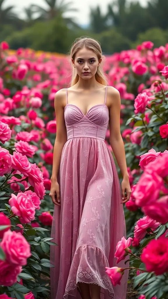 A woman in a light pink dress with a sweetheart neckline standing in a field of pink roses.