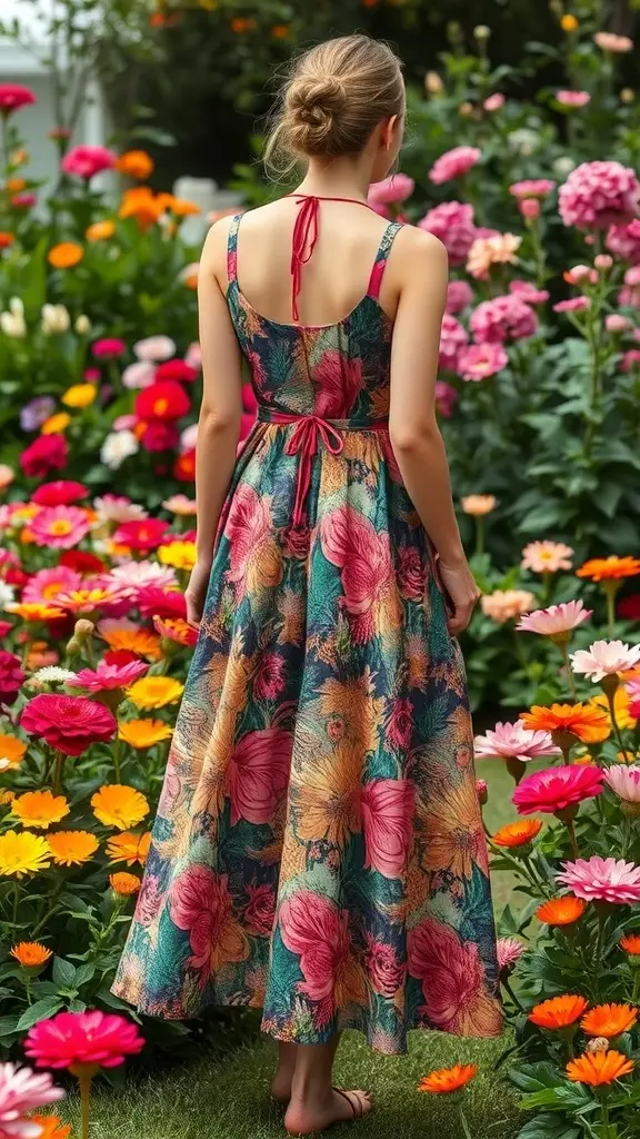 A floral summer dress surrounded by colorful flowers in a garden.