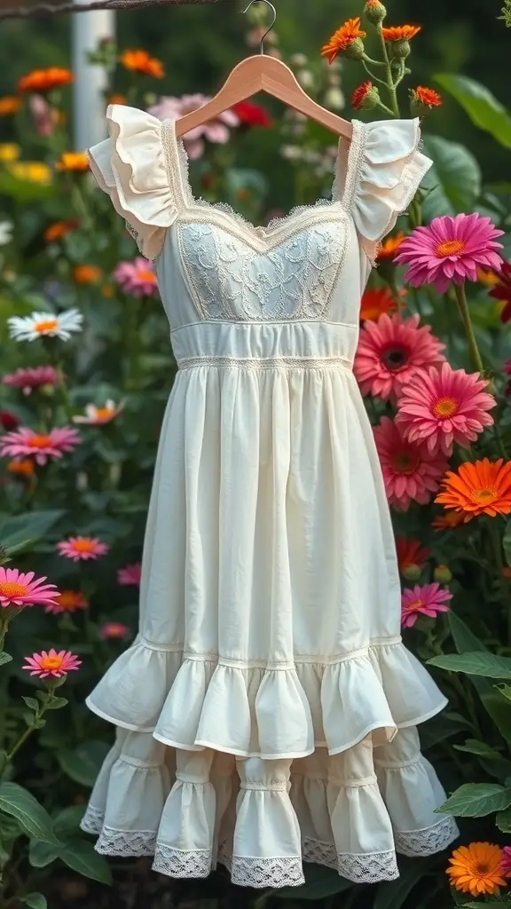 A cream summer dress with ruffled sleeves and lace trim, hanging among colorful flowers.
