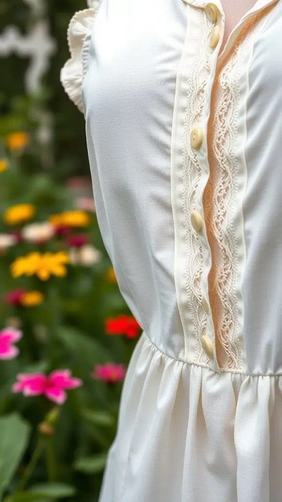A close-up of a cream summer dress with lace trim and buttons, surrounded by colorful flowers.