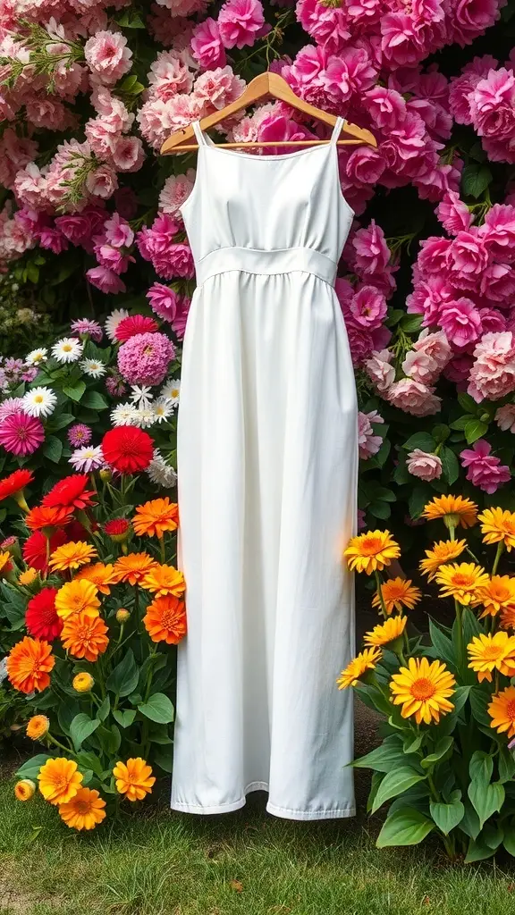 A white summer dress hanging in front of colorful flowers.