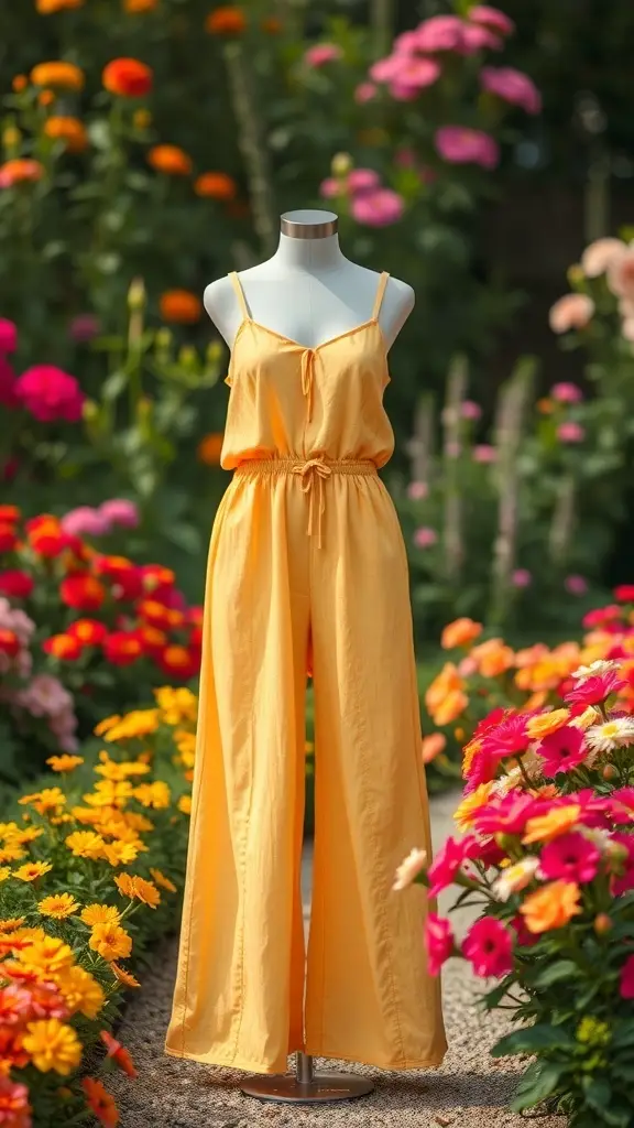 A stylish yellow jumpsuit displayed among colorful flowers, representing summer fashion.