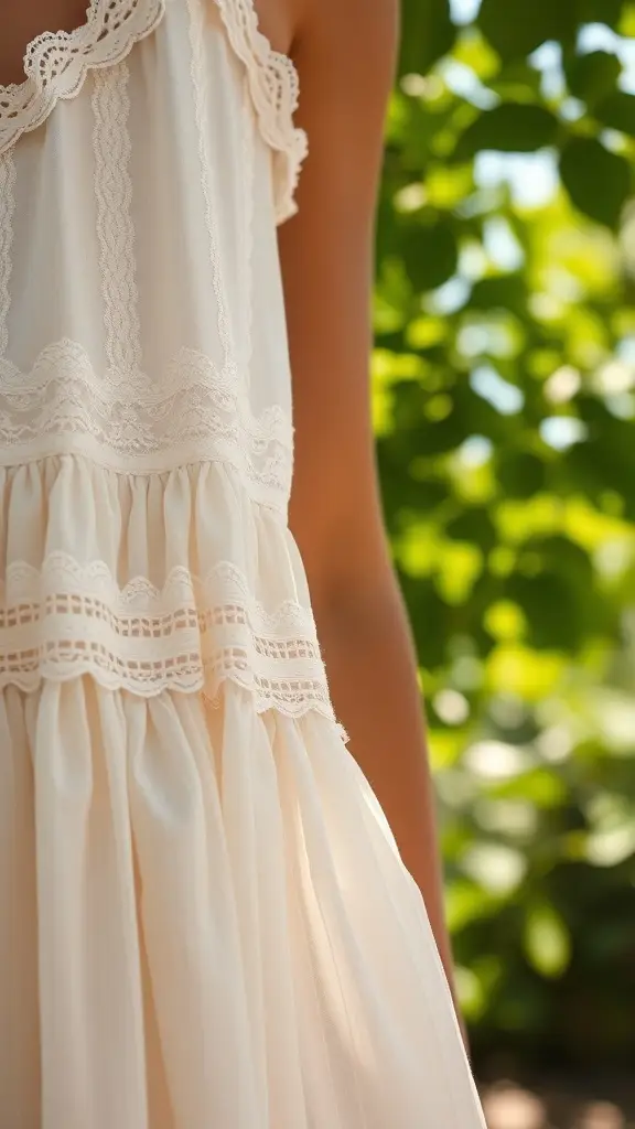 A close-up of a summer dress with lace accents, featuring a soft fabric and delicate detailing.