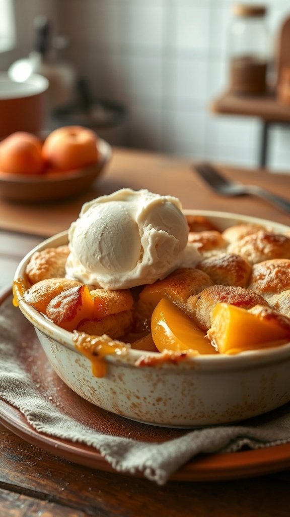 A warm peach cobbler topped with a scoop of vanilla ice cream, served in a rustic dish.