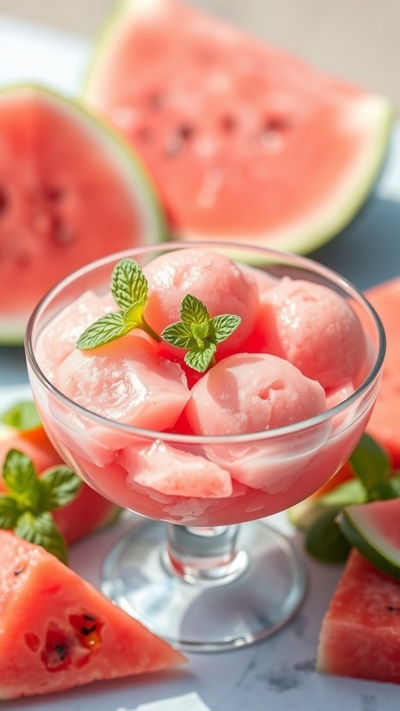 A bowl of watermelon sorbet garnished with mint leaves, surrounded by slices of watermelon.