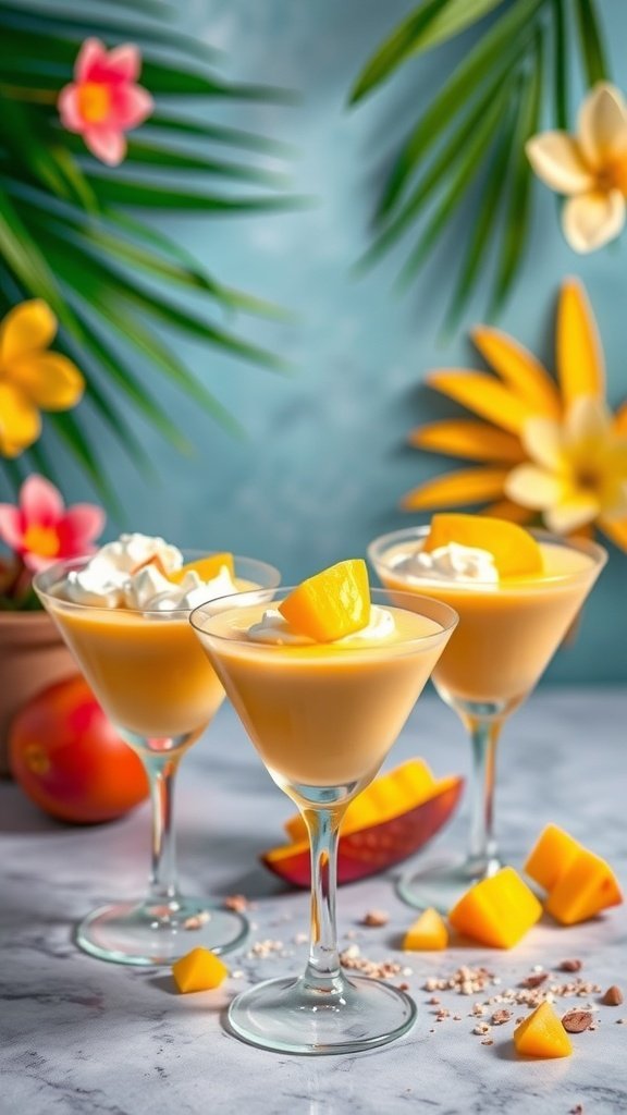 Three elegant glasses of mango mousse topped with whipped cream and mango chunks, surrounded by tropical leaves and flowers.