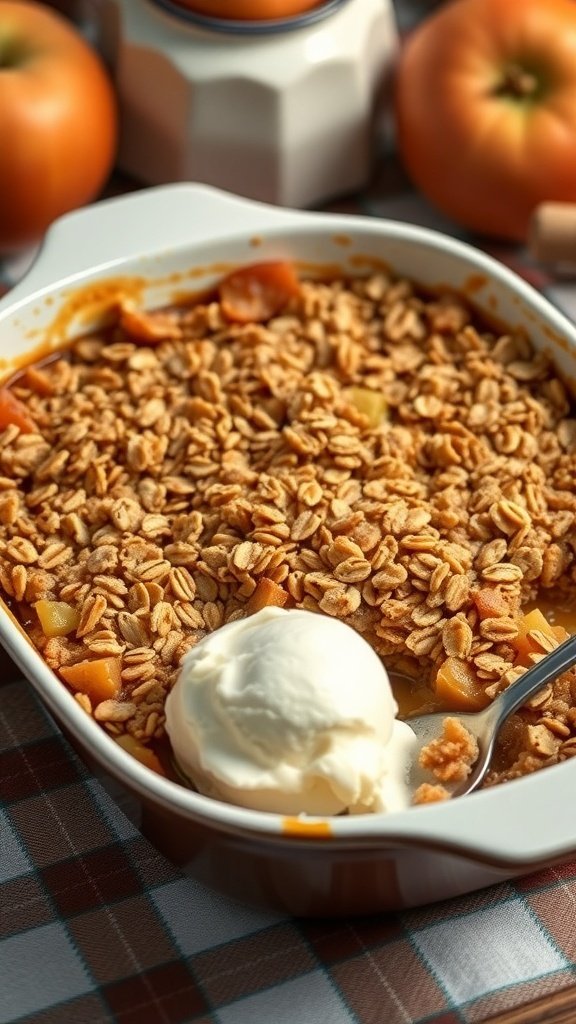 A delicious apple crisp topped with oats and served with a scoop of ice cream.
