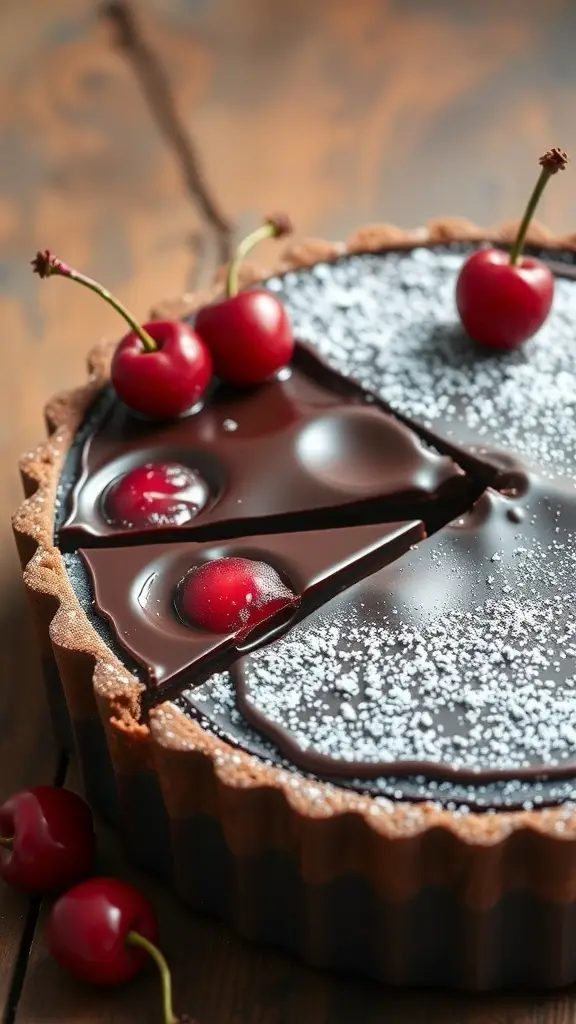 A chocolate cherry tart topped with fresh cherries on a wooden table.
