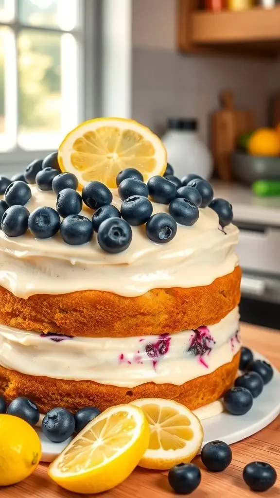 A beautifully layered lemon blueberry cake topped with fresh blueberries and lemon slices.