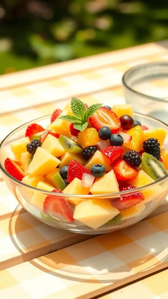 A colorful bowl of tropical fruit salad with strawberries, mango, pineapple, kiwi, blueberries, and blackberries.