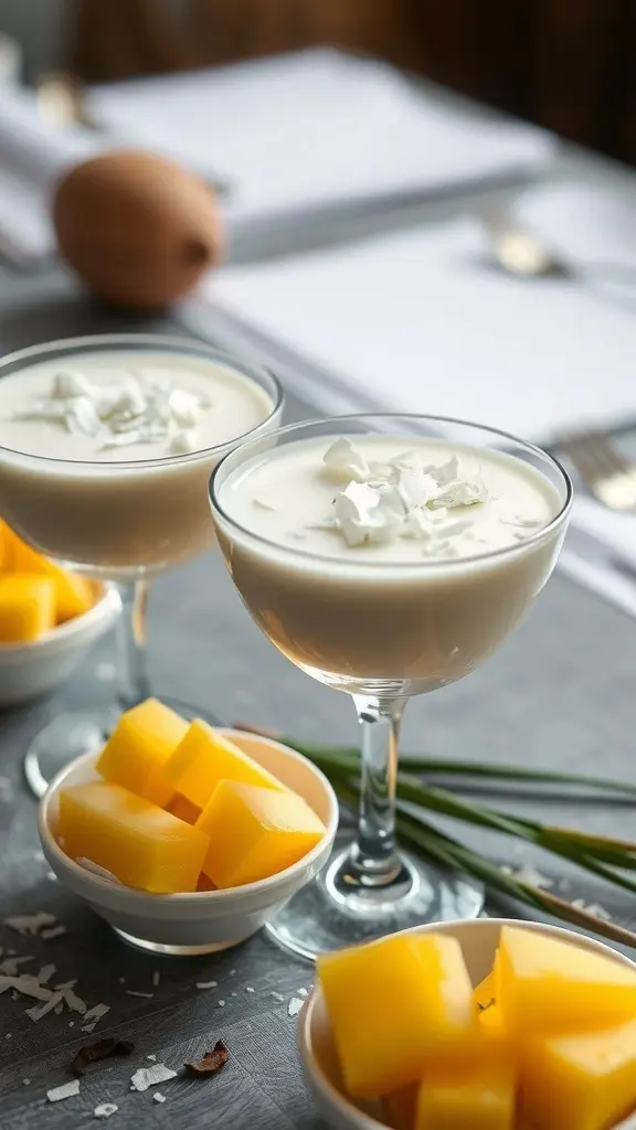 Coconut panna cotta served in elegant glasses with mango cubes on the side