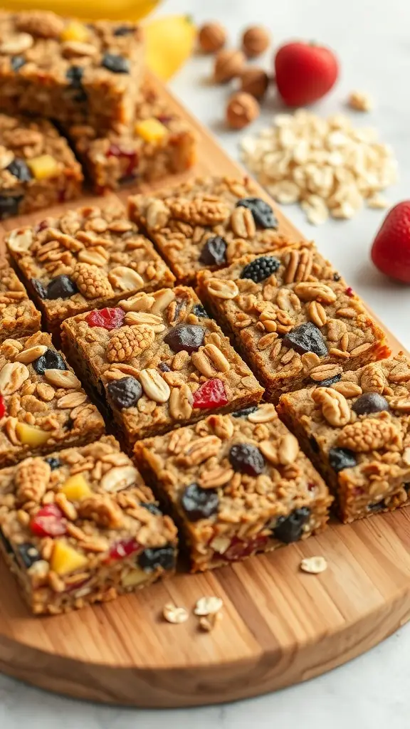 Nutty fruit granola bars on a wooden board with assorted nuts and fruits
