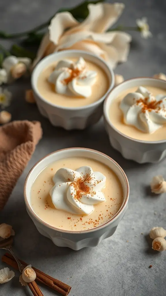 Creamy vanilla bean pudding topped with whipped cream and cinnamon, served in decorative bowls.