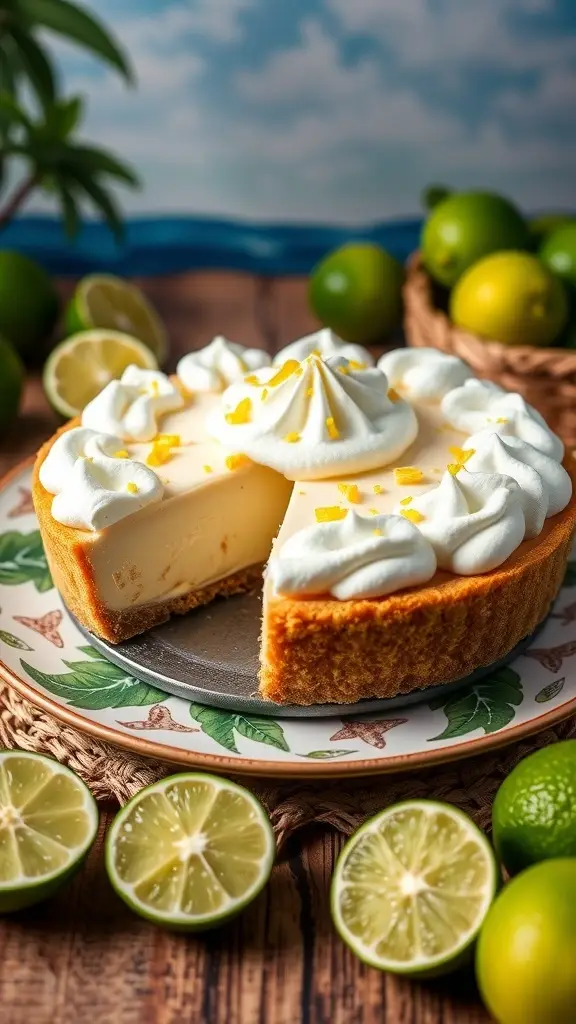 A delicious key lime pie topped with whipped cream and lime zest, surrounded by fresh limes.