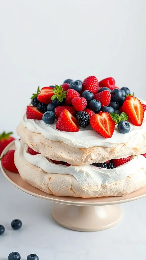 A beautiful Berry Pavlova topped with fresh strawberries, blueberries, and raspberries.