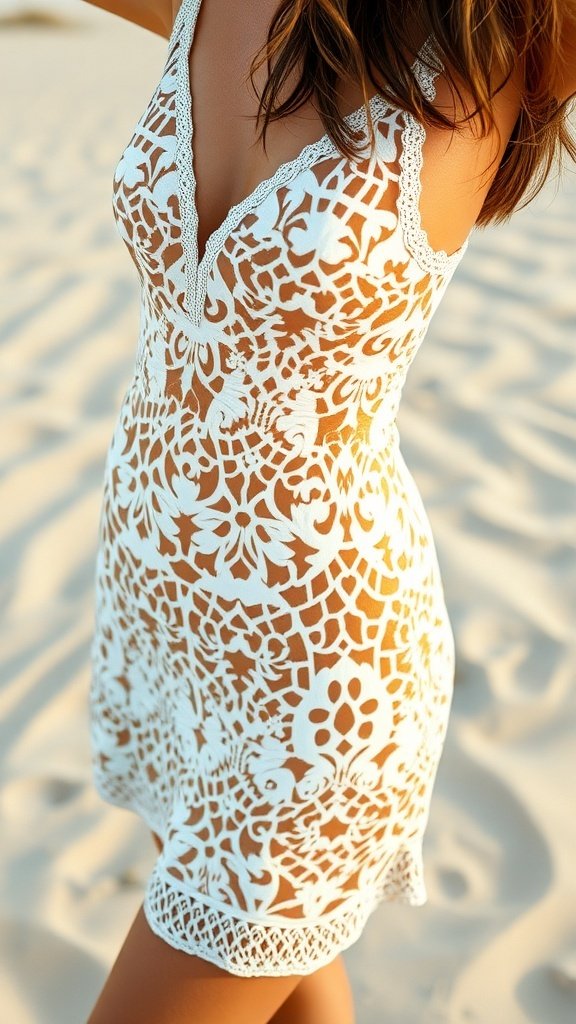 A model wearing a white lace mini dress with intricate cut-out details, standing on sandy terrain.