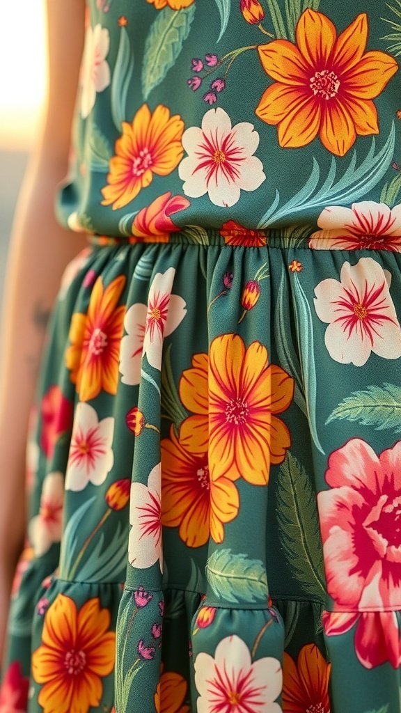 Close-up of a bold mini dress featuring vibrant floral patterns in pink, yellow, and green.