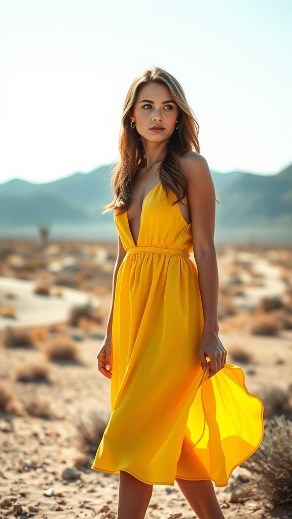 Four bold mini dresses in vibrant colors hanging in a desert setting