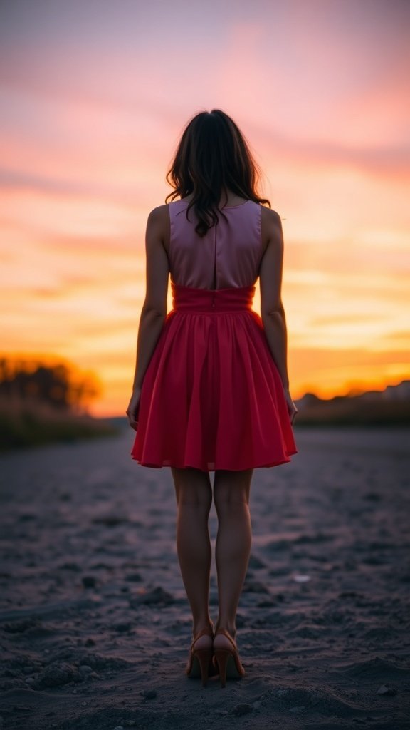 A woman in a bold mini dress with an ombre effect, standing against a sunset backdrop.