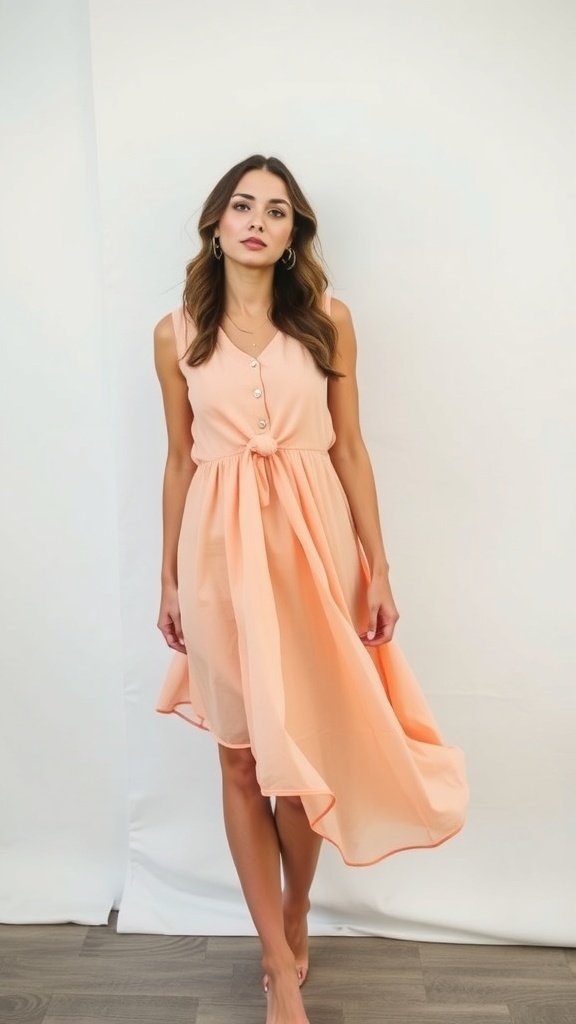 A display of lightweight mini dresses in soft peach and cream colors, perfect for warm weather.