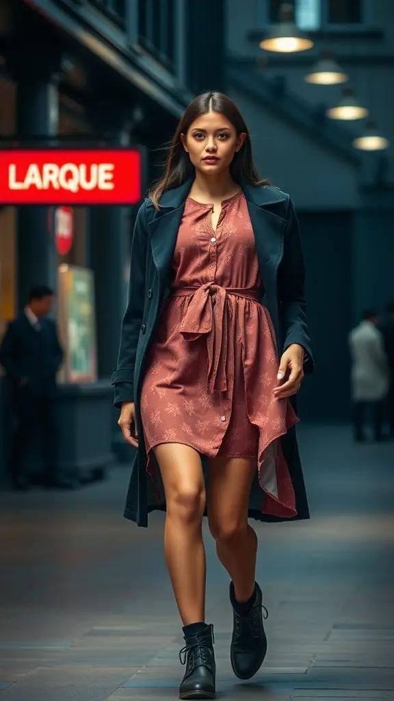 A model wearing a layered outfit featuring a bold mini dress and a stylish coat, walking confidently in an urban setting.