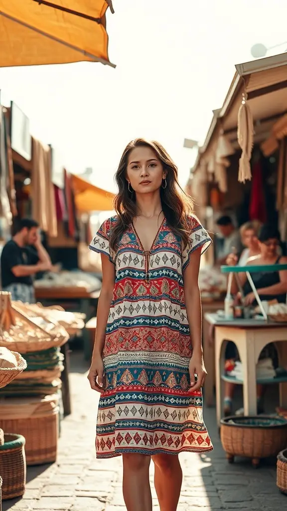 A model wearing a bold mini dress with vibrant patterns in a lively market setting.