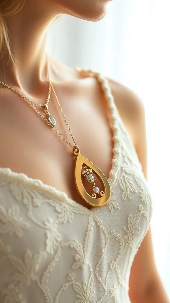 Close-up of a woman's neckline featuring a delicate embroidered mini dress and layered gold necklaces.