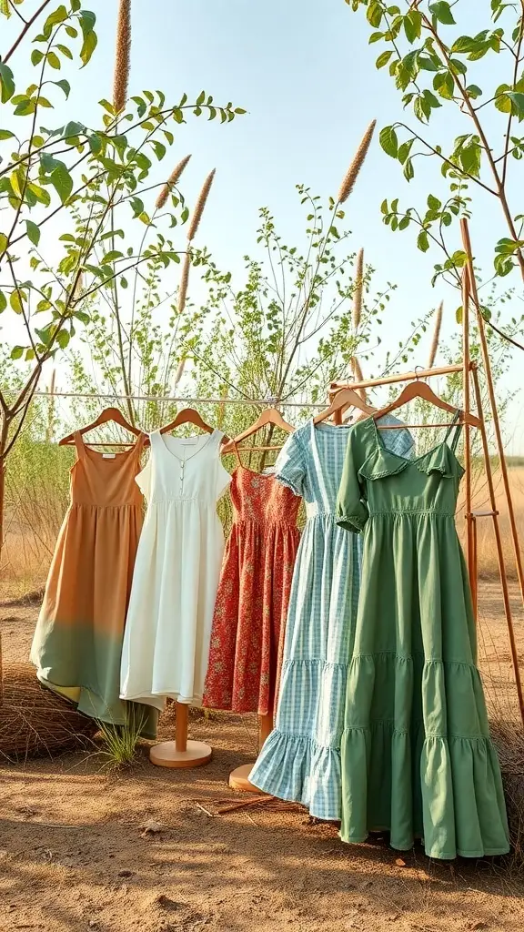 A collection of bold mini dresses displayed outdoors, surrounded by greenery.