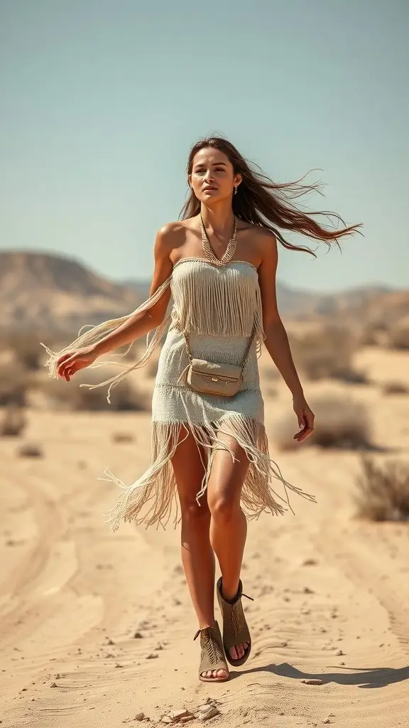 A woman walking in a light fringe mini dress in a desert setting.