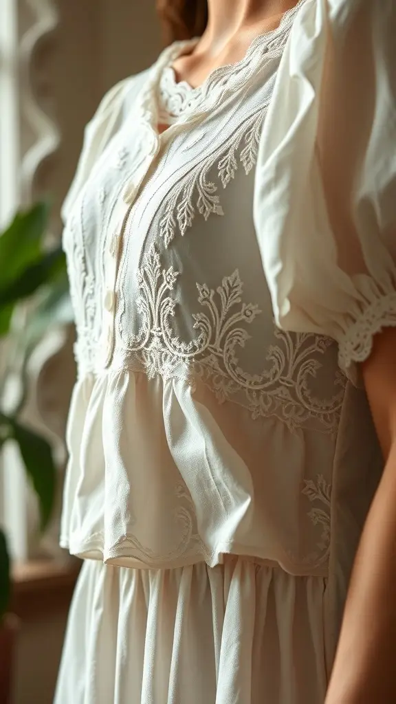 Close-up of a feminine mini dress with delicate embroidery and ruffled sleeves.