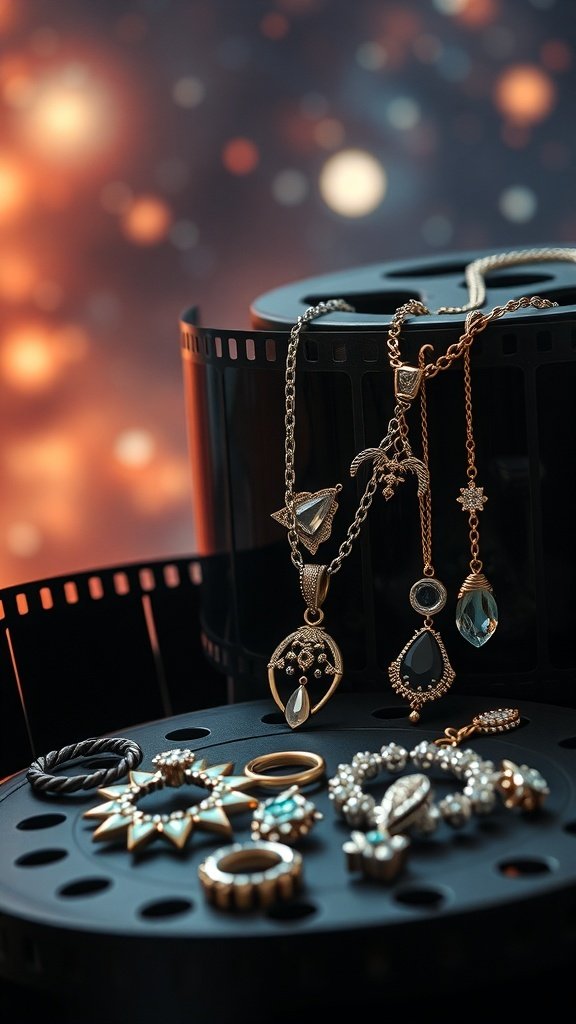 An array of jewelry pieces including necklaces and rings, showcasing intricate designs and gold accents.