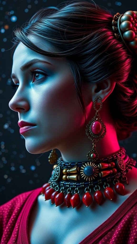 A close-up of a woman showcasing bold statement jewelry inspired by Leia from Star Wars, featuring a colorful choker and earrings.