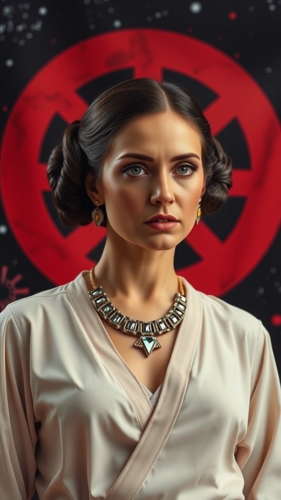 Leia Organa wearing a bold necklace against an Imperial backdrop.