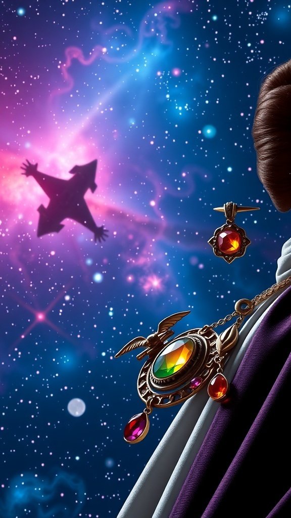 Leia's colorful jewelry set against a cosmic background