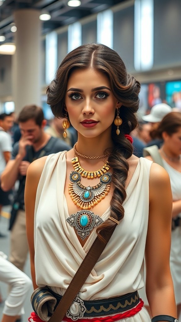 A cosplayer dressed as Leia with intricate jewelry at a Star Wars event.