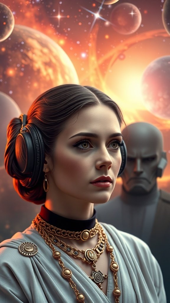 A reimagined Leia with intricate jewelry, set against a cosmic background.
