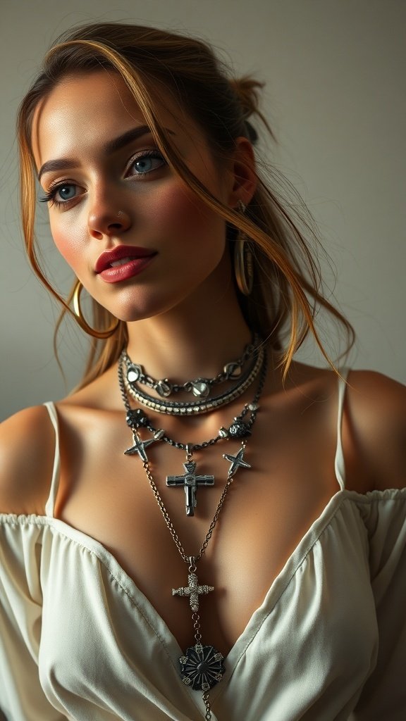 A character in the Star Wars universe wearing statement jewelry, with a dramatic background and a lightsaber.